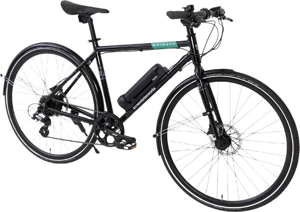 A whippet lightweight e-bike with a sticker named revolution works on the frame. The bike is black in color.