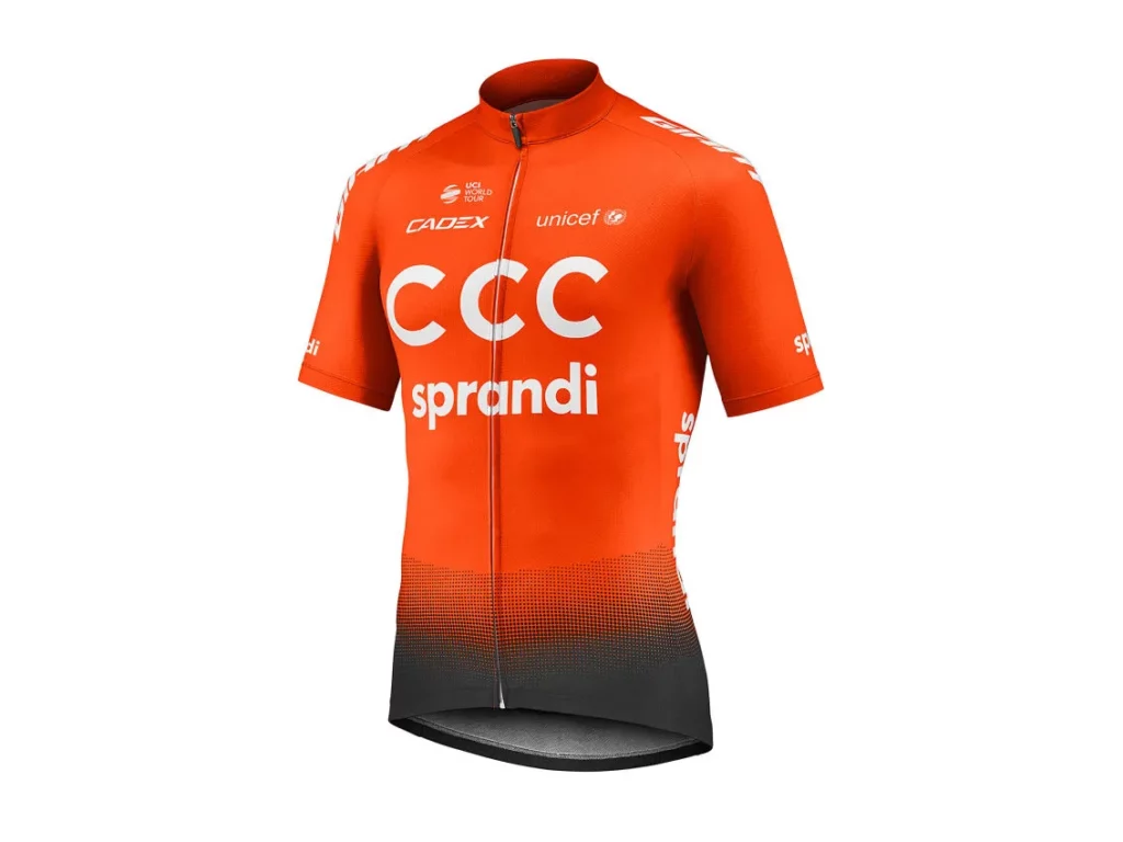 Feel the team spirit with the 2020 ccc team replica ss jersey in vibrant orange.