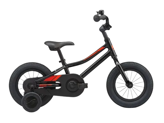 An animator c/b 12 kids bike in a combination of black and orange color.