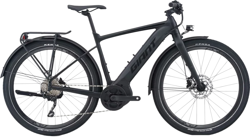 A giant fastroad e+ ex pro electric bike in gloss black color with a brand sticker named giant on the frame.