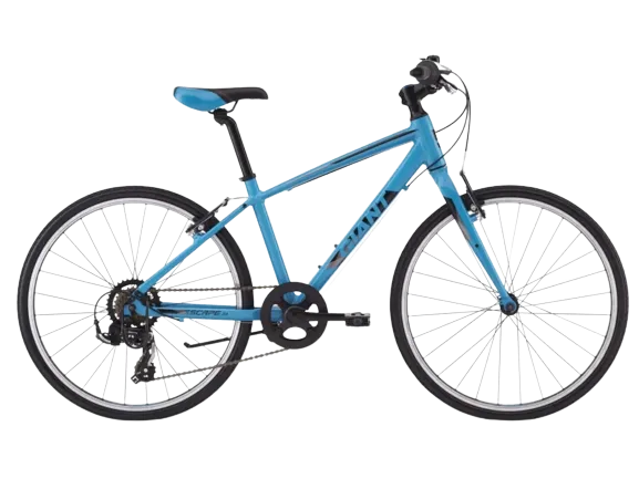 A sky blue giant escape jr 24 with a giant brand sticker on the frame. The saddle is a combination of sky blue and black.