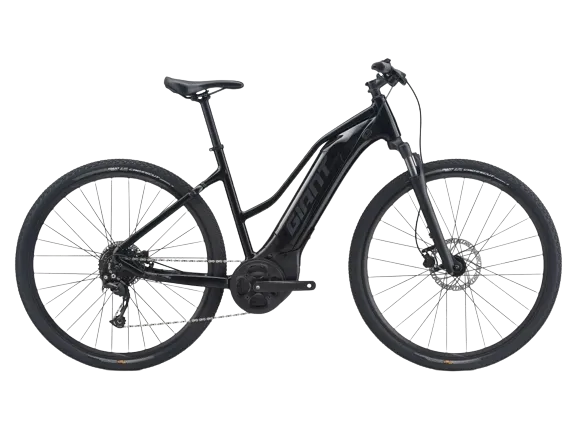 A roam e+ sta bike in black color with a lightweight aluxx aluminum frameset and sync drive core motor.