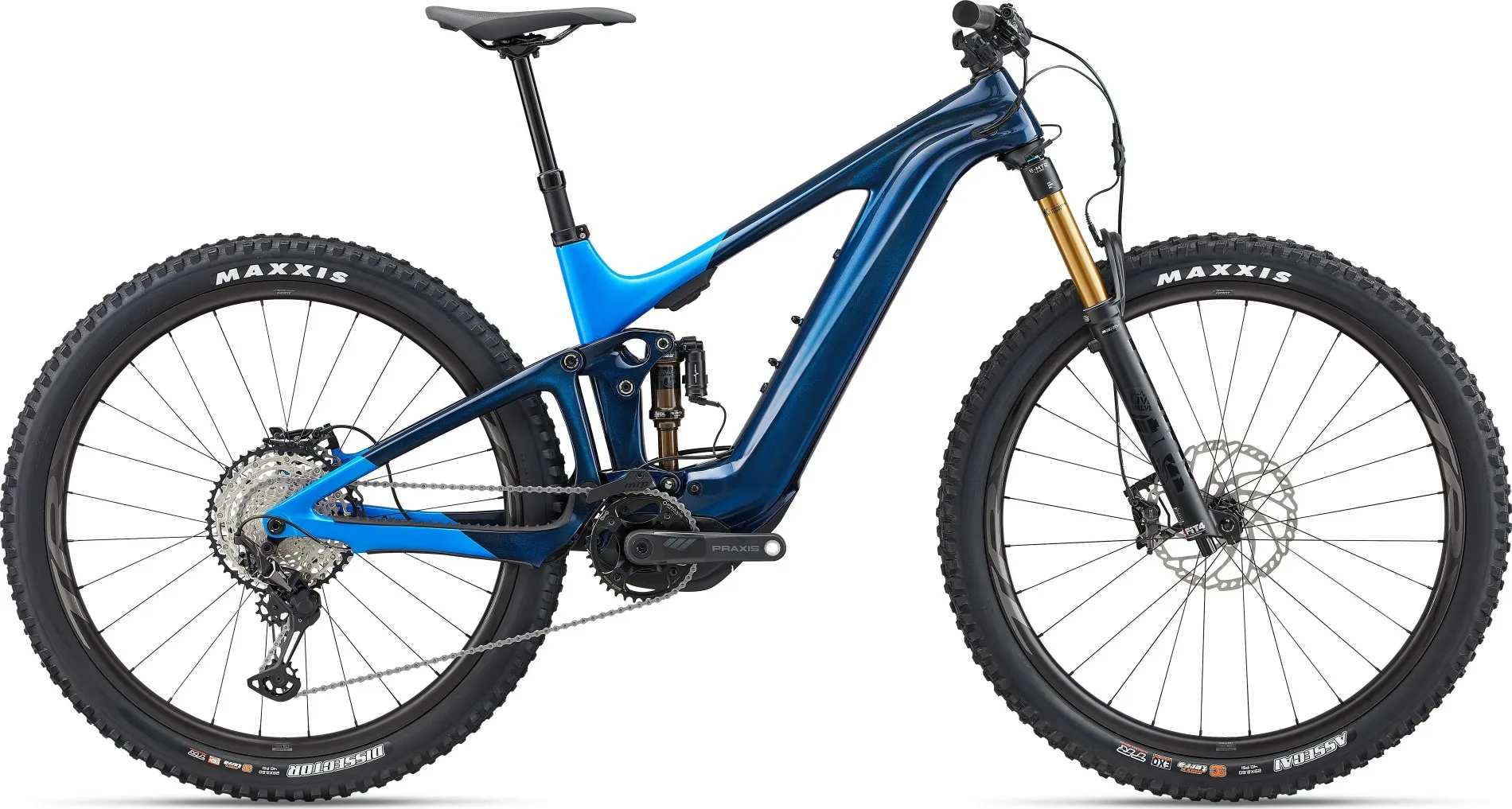 A trance x advanced e+ 0 bike in metallic navy color, equipped with maxxis tires on both the front and back wheels.
