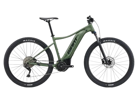 A kolo giant talon e+ bike in shale green color with a brand sticker on the frame named giant.