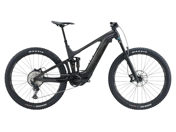 Giant trance x advanced e+ 1 electric bike in color carbon smoke, with maxxis tires on both wheels.