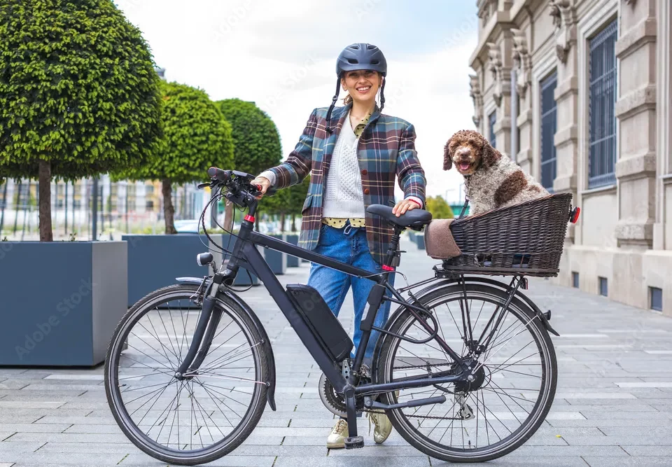 A girl holding a black electric bike with a color combination of brown and white dog sitting in the backseat.