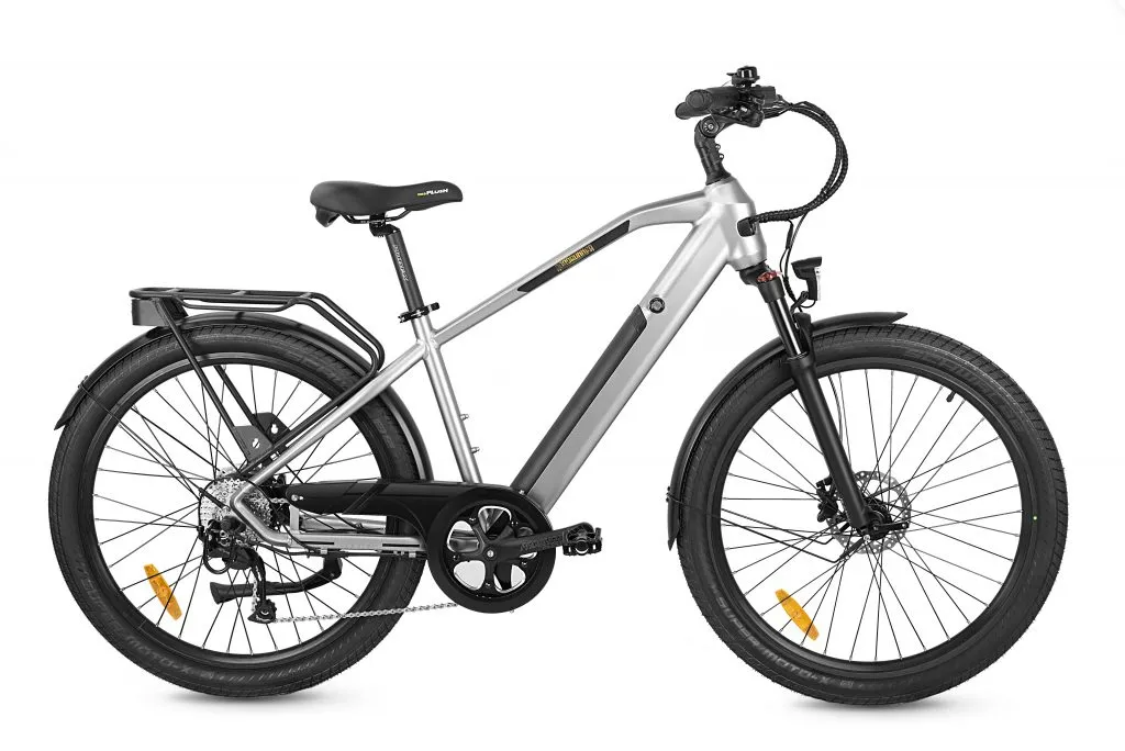 Roadrunner hybrid electric bicycle in gray color, equipped with a backseat and chain cover.