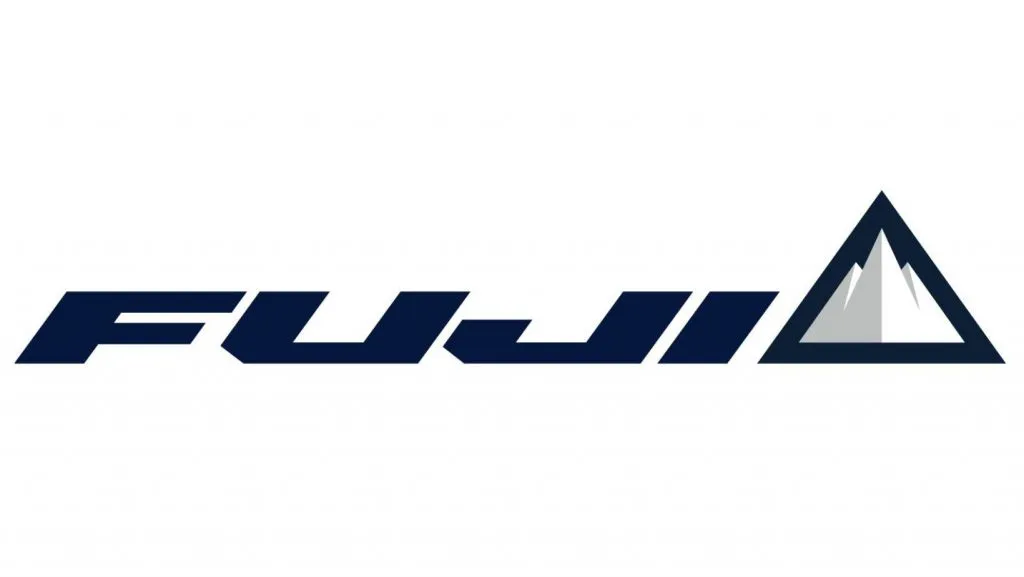A logo with the brand name fuji in dark blue color, with a mountain at the end of the text.